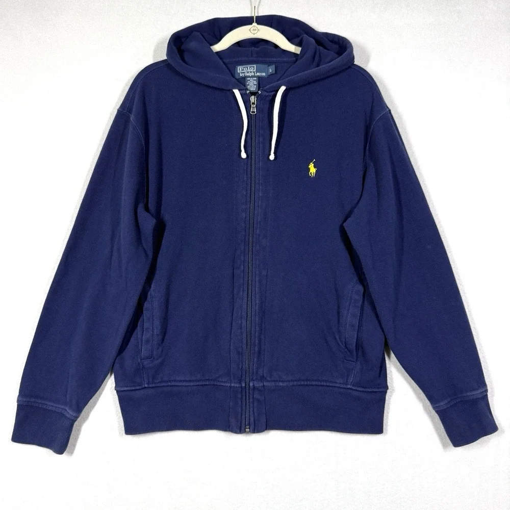 Vintage Polo Ralph Lauren Jacket Mens Large Full Zip Hoodie Pique Knit Pony Logo